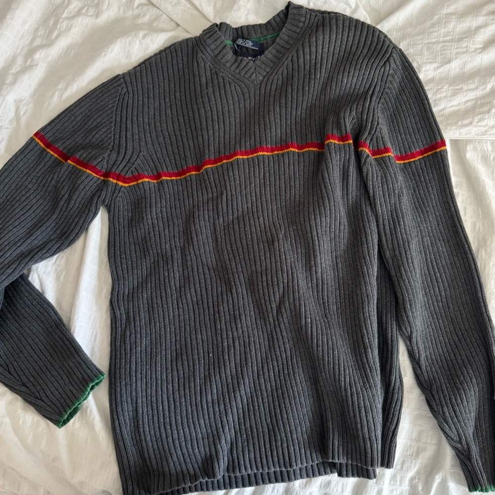 Tommy Hilfiger Charcoal V-Neck Sweater with Red and Yellow Accents